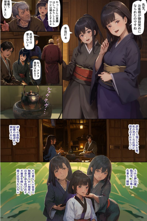 エロ漫画：あなた様をお慰めいたします。迷い込んだ村では娘たち全員ドスケベでした   hitomi サンプル画像